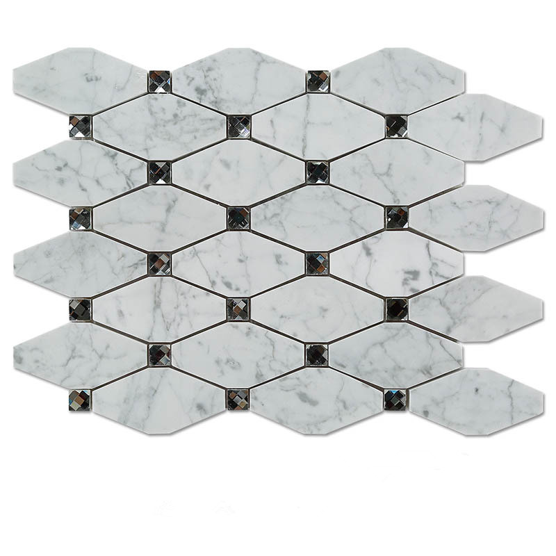Carrara White Marble Stone Long Ocatgon Mosaic Tiles Mix Crystal Glass Dots