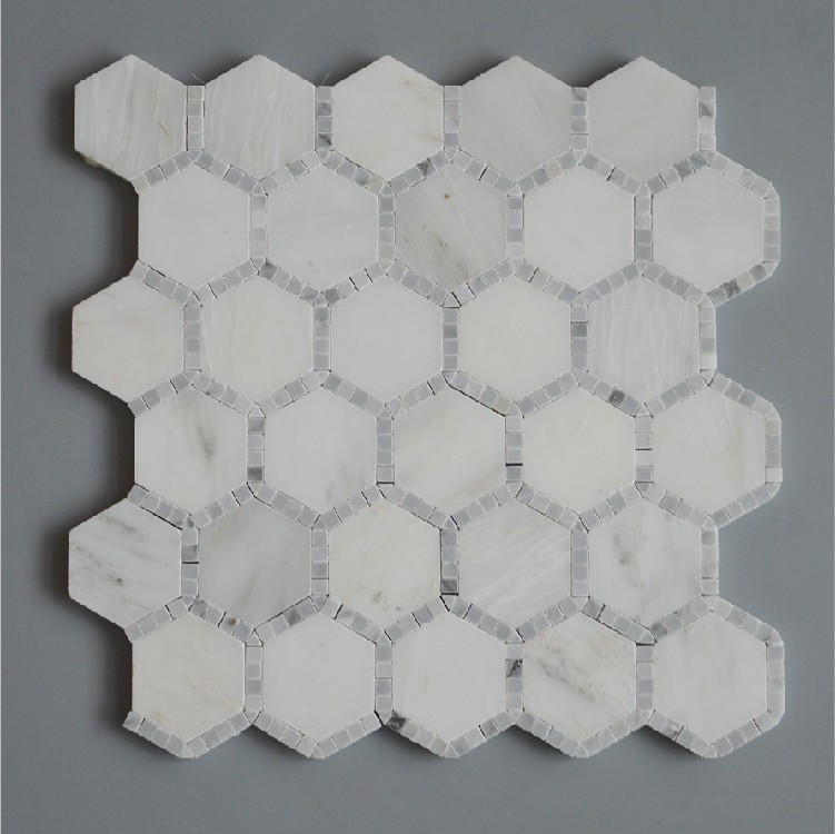 Bianco Carrara White Marble  With Oriental White  2 Inch Hexagon Mosaic Tiles