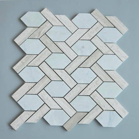 Italy Carrara  White And China Wooden Gray Marble Basketwave Kitchen Mosaic Floor Tile