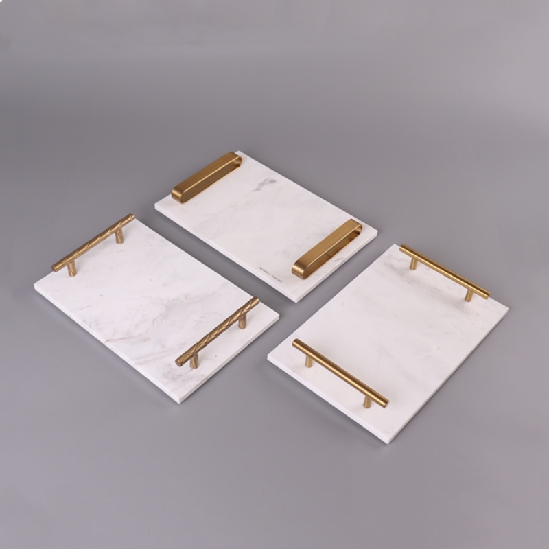 White Marble Rectangular Decorative Tray with Golden Metal Handles