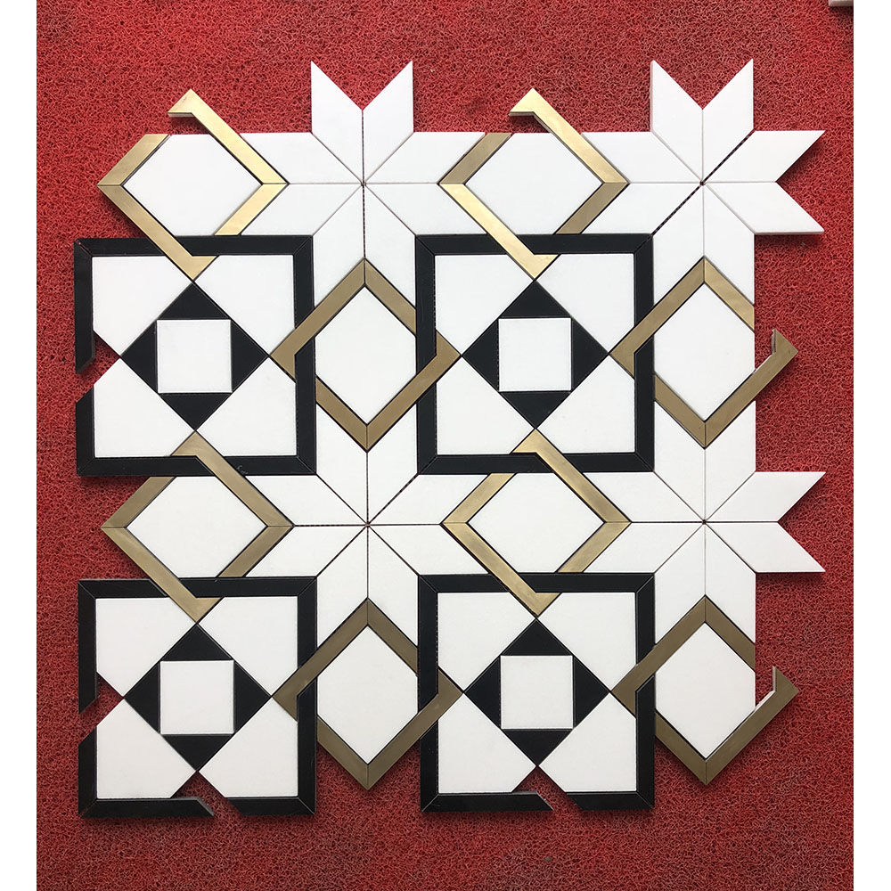 New design white and black marble with gold metal mosaic 