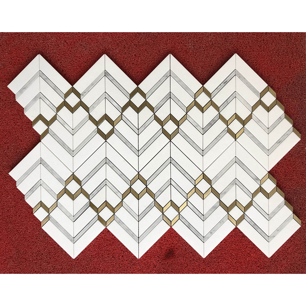 Pure White marble with brass Herringbone mosaic tile 