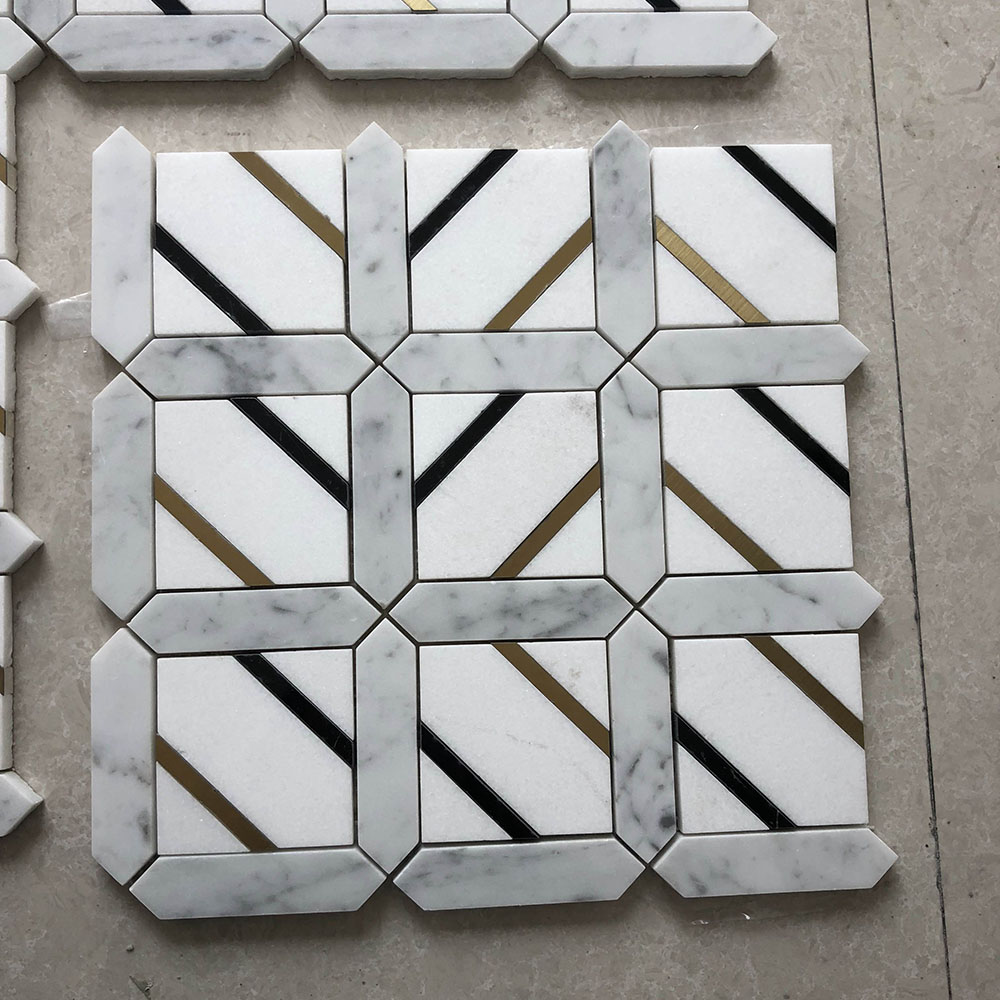 White and black marble mosaic with gold metal mosaic wall tile