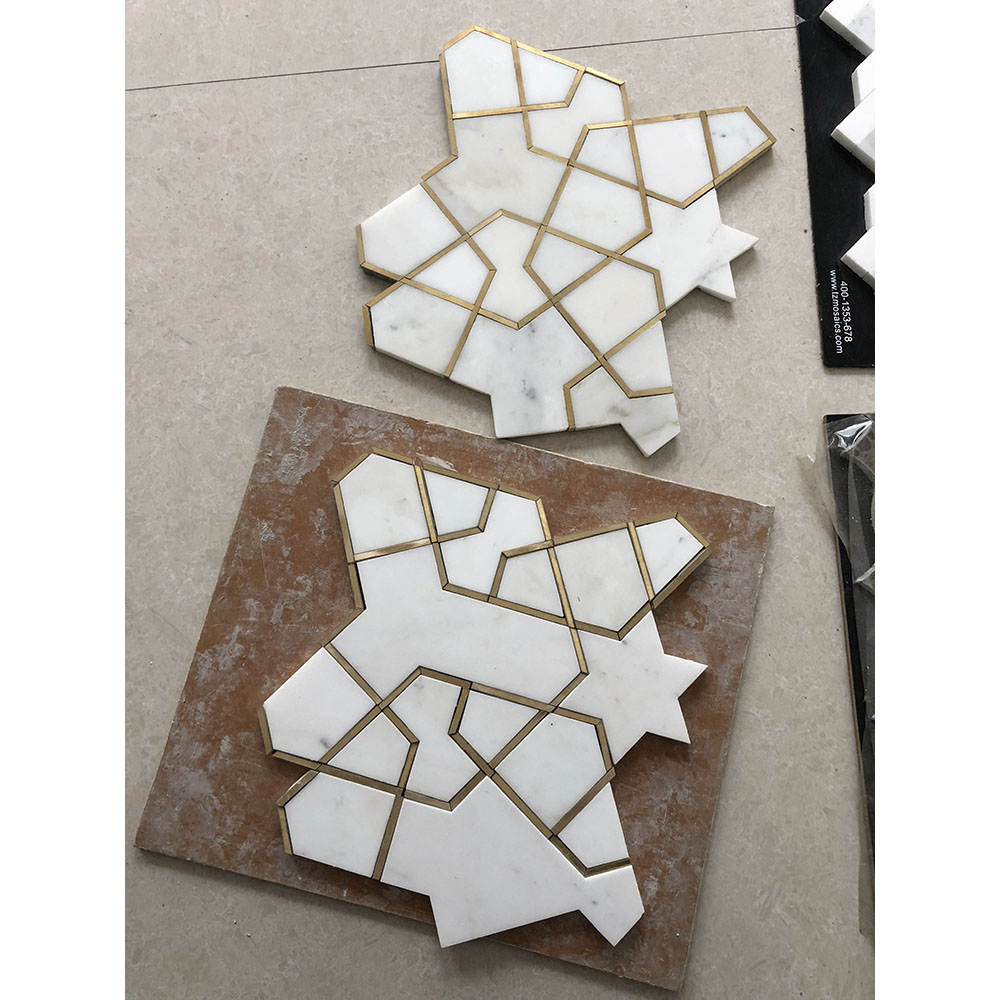 Pure White marble with brass irregular design mosaic tile 