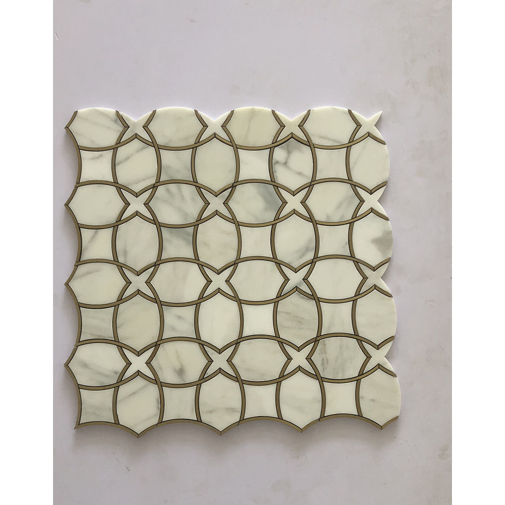 White marble with gold metal waterjet basket weave mosaic tile 
