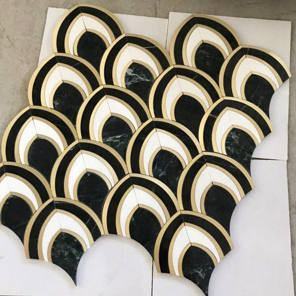 Black and white marble with brass fan  design mosaic tile