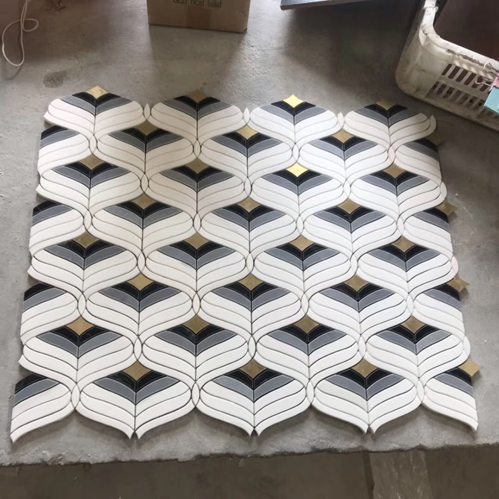 White grey and black marble mosaic inlay gold metal 