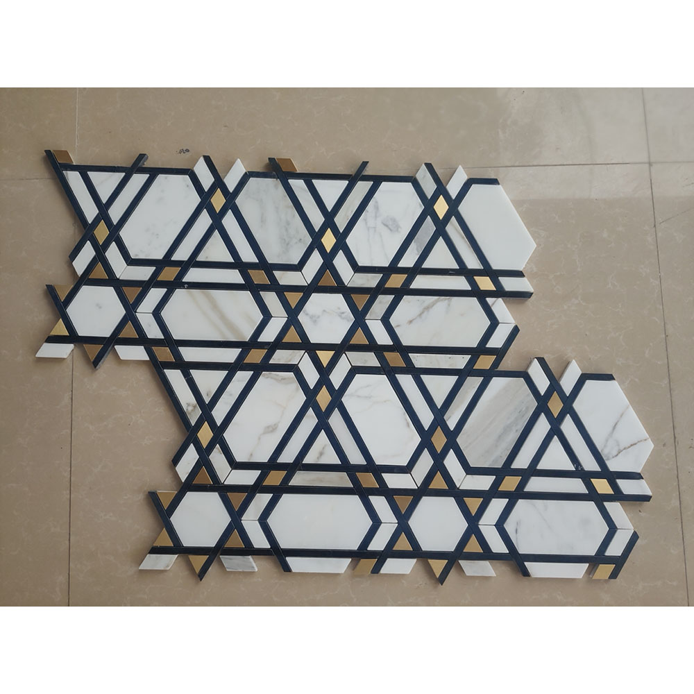 White and blue marble mosaic inlay gold brass wall tile