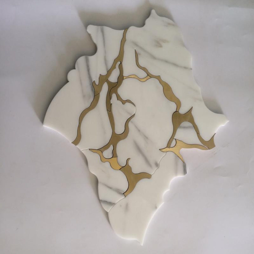 White marble inlay brass waterjet mosaic tile for kichen 
