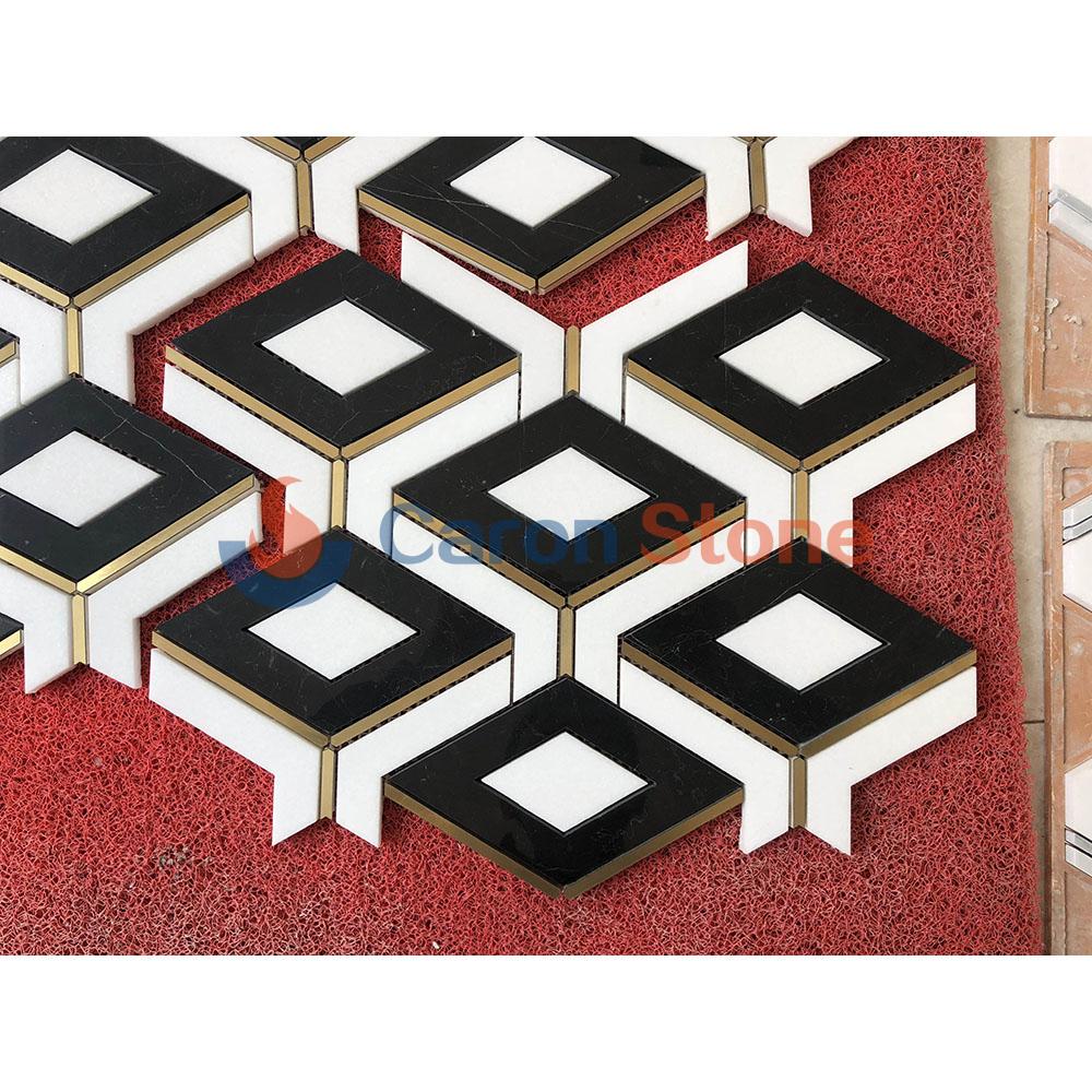 Inlay brass gold nero marquina black and white marble mosaic waterjet  tile